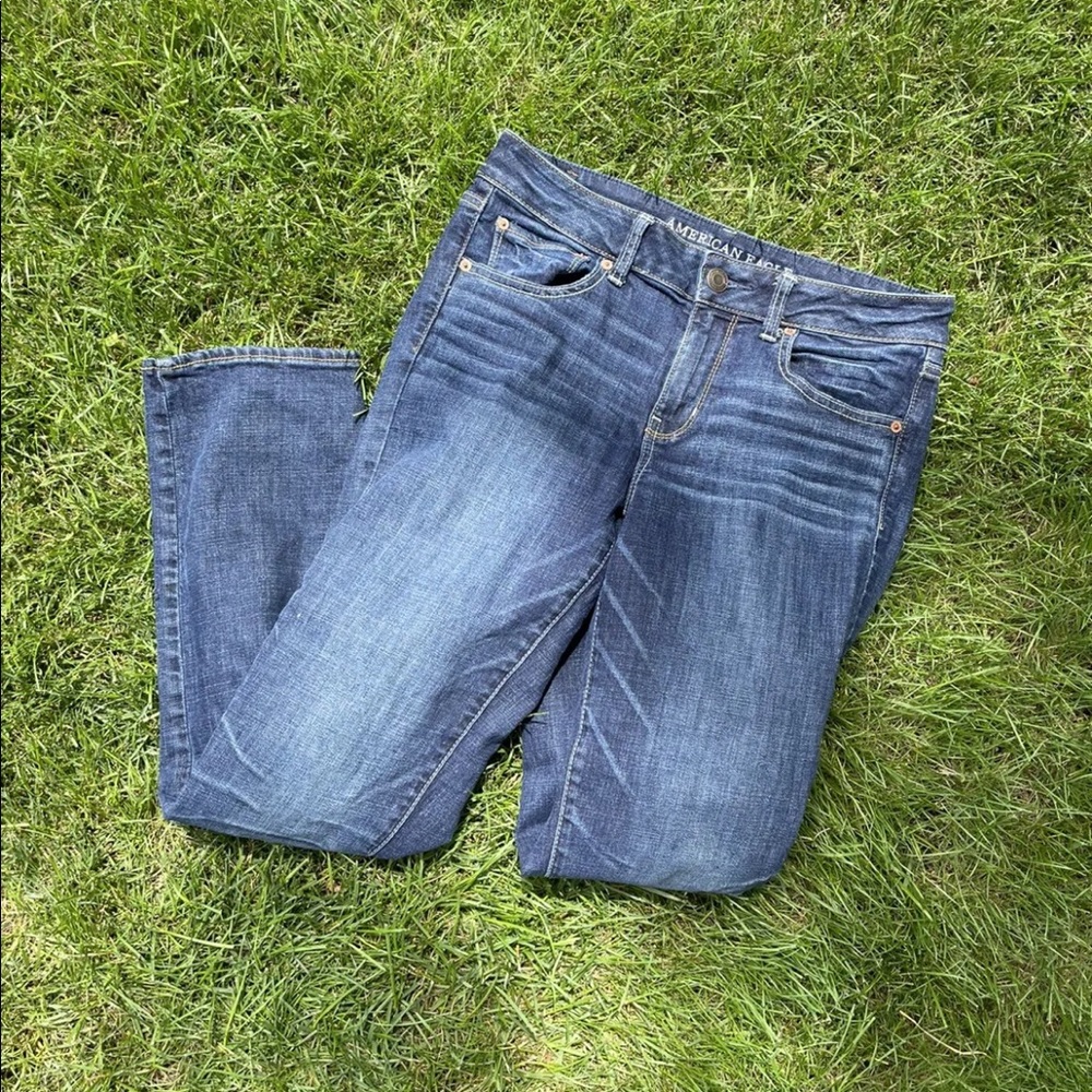 AMERICAN EAGLE Jeans Womens 10 straight super stretch blue denim button